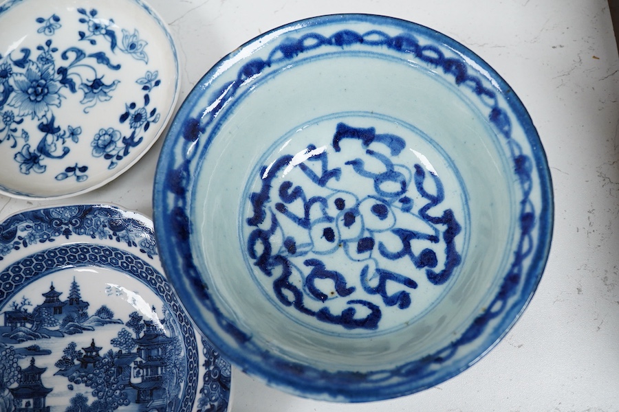 A group of 18th/19th century Chinese blue and white porcelain tea and dinner wares and an unusual Chinese soft paste porcelain famille rose saucer dish